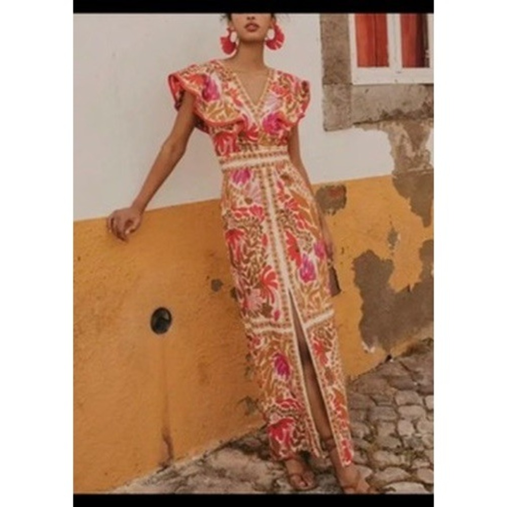 Tropical Floral Flutter Sleeve Maxi Dress Rio Pink Orange Open Back NEW Size S